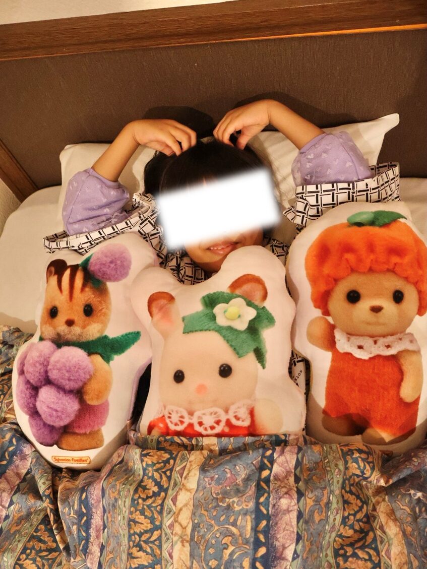 シルバニアのクッションと寝る子供の姿
