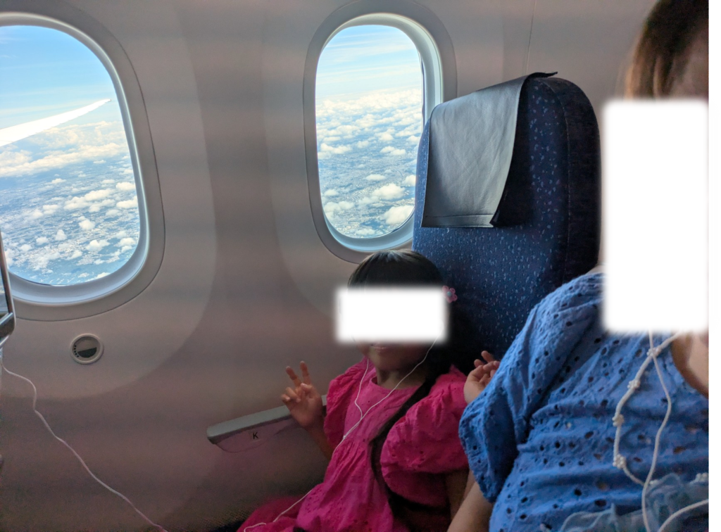 飛行機の座席で雲海が広がる窓の外をバックに笑顔でピースサインをする子供