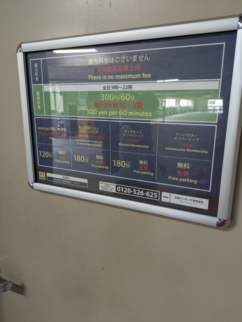 Tギャラリア沖縄の駐車場料金看板。60分300円、施設利用で割引案内