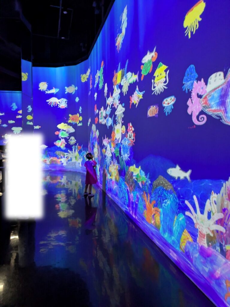 チームラボで描いた魚の絵が壁のスクリーンに映し出される体験