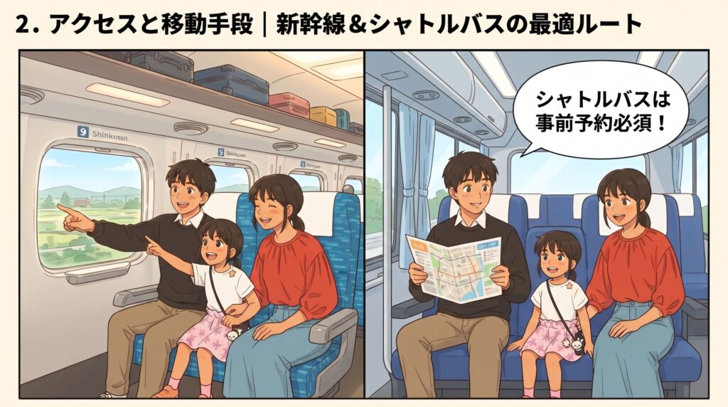 新幹線車内とシャトルバス車内で移動を楽しむ家族のイラスト