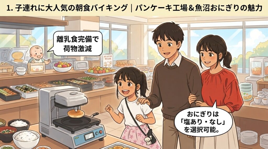 エンゼルグランディア越後中里のロビーで、子連れ旅行を満喫し笑顔を見せる家族