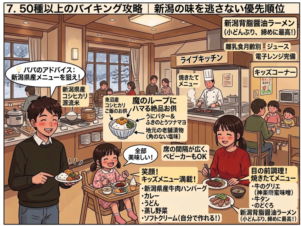 新潟産コシヒカリや牛のグリエなど地元グルメが揃うバイキング会場での子連れ優先順位ガイド画像