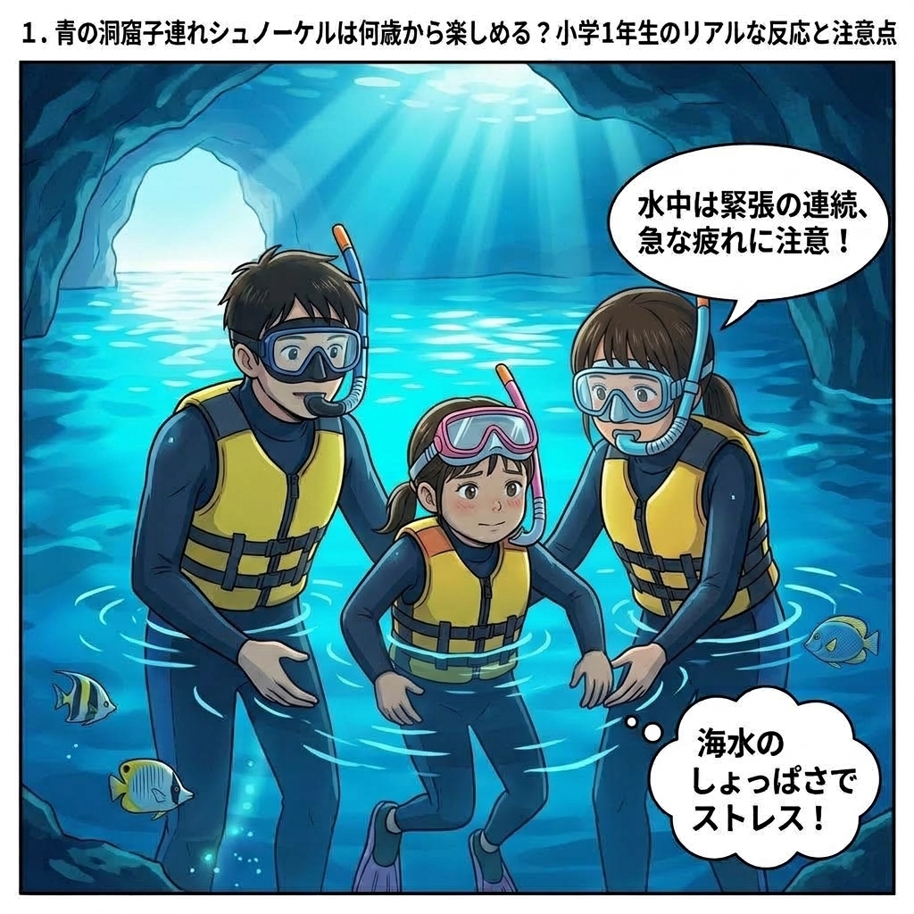 青の洞窟の海中で、ライフジャケットを着用しシュノーケリングを楽しむ家族（パパ、ママ、小1の娘）のイラスト