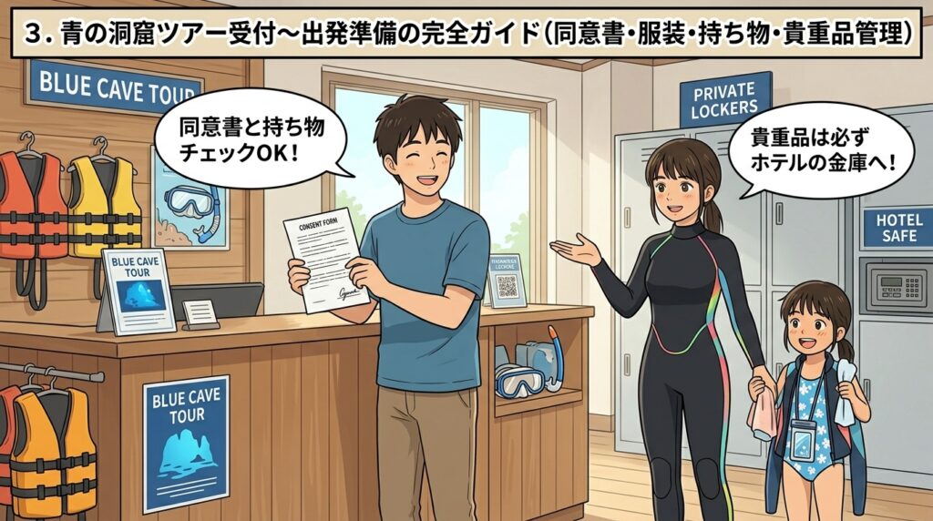 ホテルのマリンカウンターで青の洞窟ツアーの受付と同意書の確認をするパパと、貴重品管理について説明するママと娘のイラスト