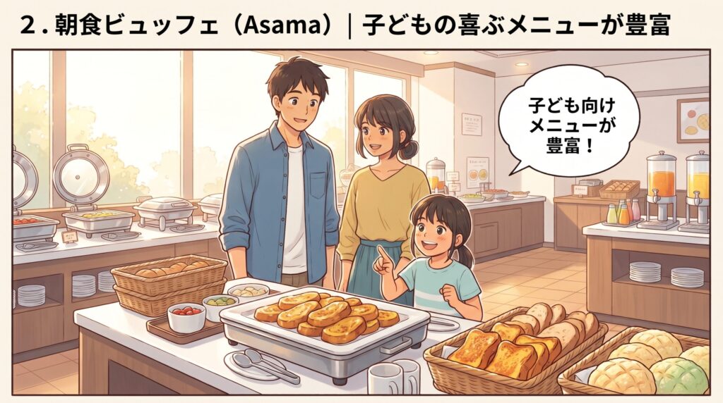 ホテルグリーンプラザ軽井沢のレストラン「Asama」で、子ども向けメニューやフレンチトーストが並ぶ朝食ビュッフェを楽しむ家族のイラスト