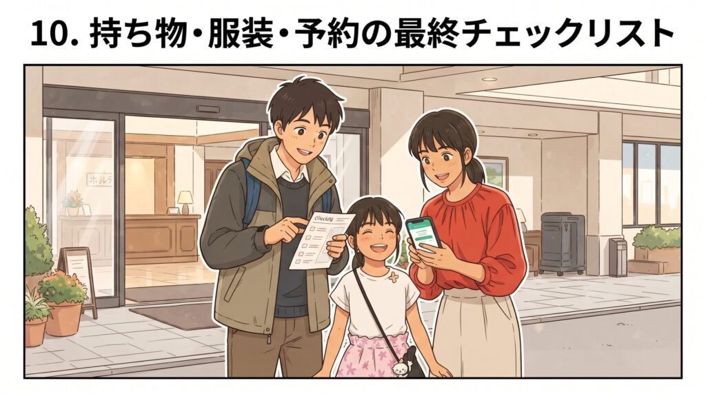 ホテルの前で持ち物やチェックリストを確認しながら笑顔を見せる家族のイラスト