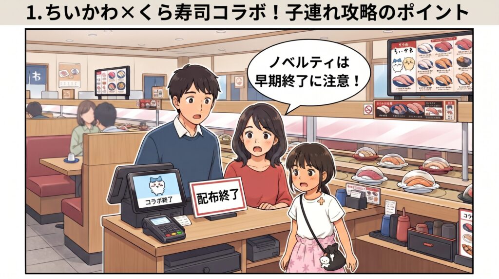 くら寿司のレジ前で、先着ノベルティの配布終了告知パネルを見て驚く家族のイラスト