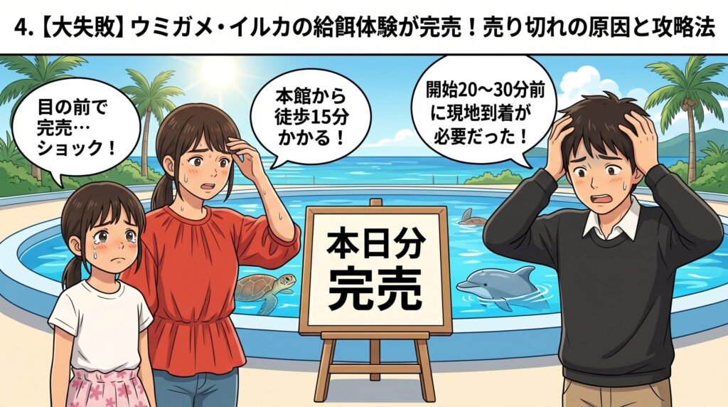 美ら海水族館のウミガメ・イルカ給餌体験の完売にショックを受ける家族のイラストアイキャッチ。「売り切れの原因と攻略法」のテキスト入り。