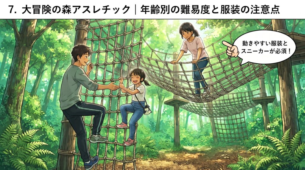 森の中の巨大アスレチック「わくわく大冒険の森」のネット遊具で遊ぶ家族のイラスト