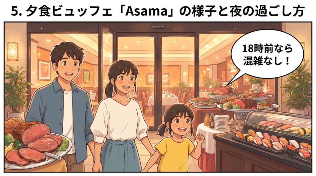 レストラン「Asama」の豪華な夕食ビュッフェ（ローストビーフや寿司など）を前に笑顔を見せる家族のイラスト