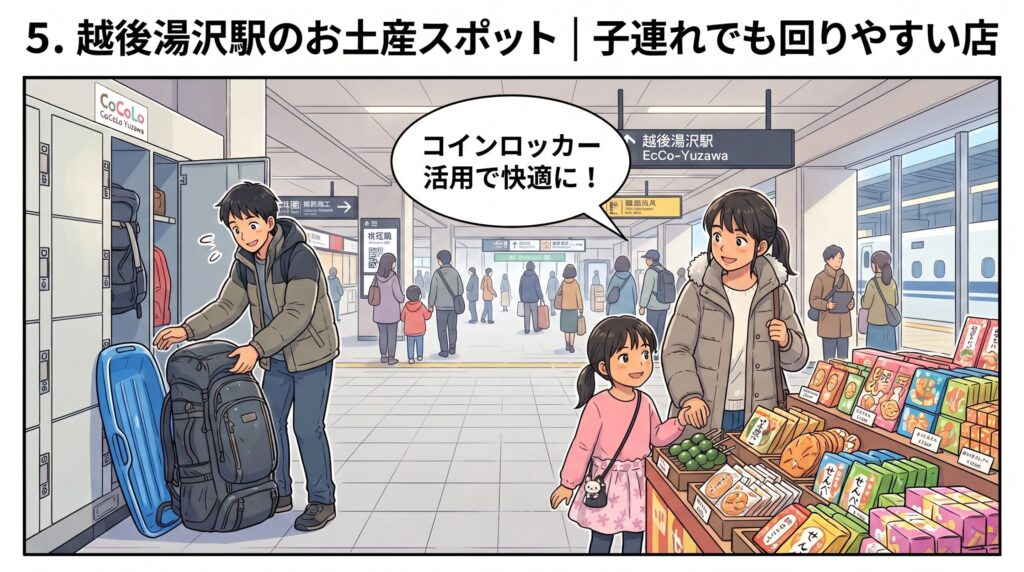 コインロッカーを活用して子連れでもスムーズにお土産選びを楽しむ越後湯沢駅構内の様子