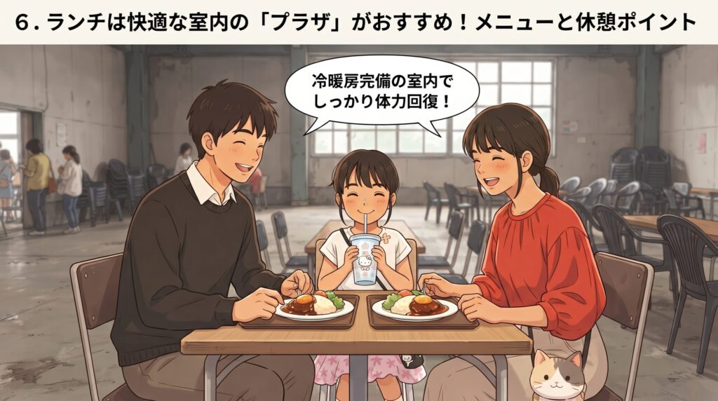フードコート「プラザ」の冷暖房完備の店内で食事をしてくつろぐ家族のイラスト