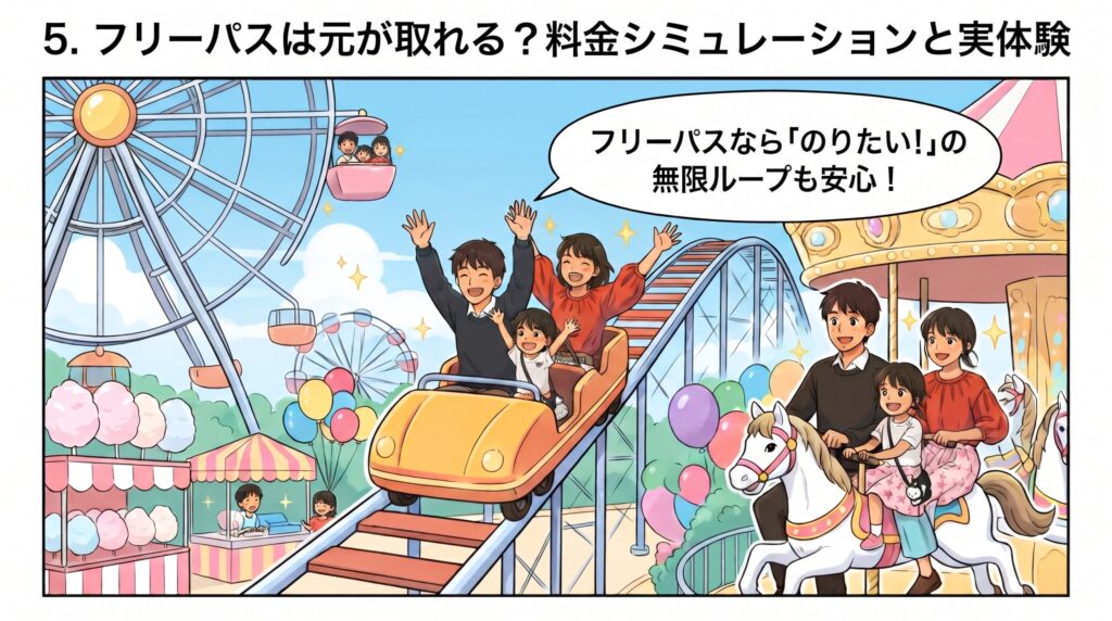 フリーパスを使ってジェットコースターやアトラクションを何度もしきりに楽しむ家族のイラスト