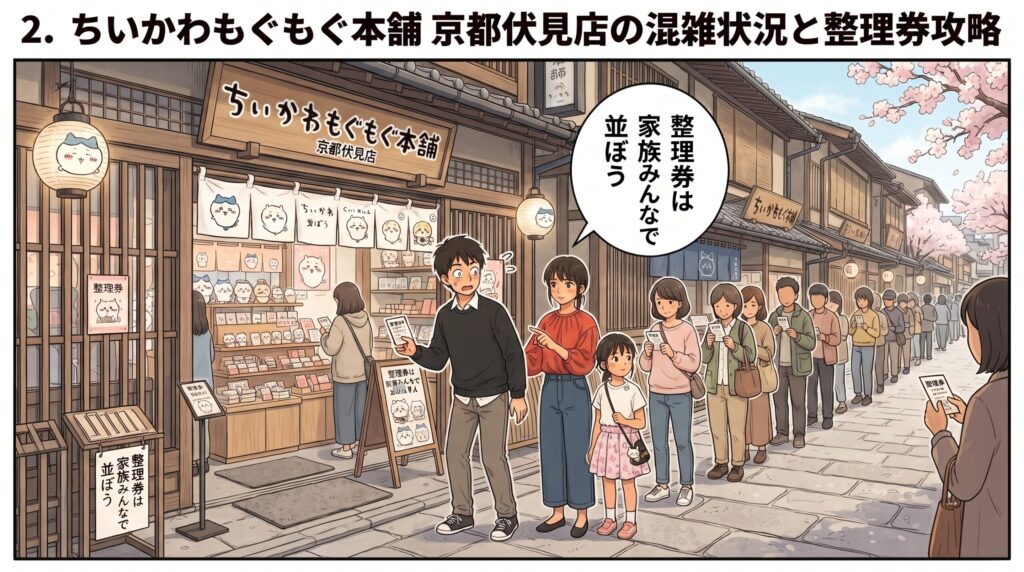 ショップの長蛇の列に並び、驚いた表情で焦る父親と、家族の様子