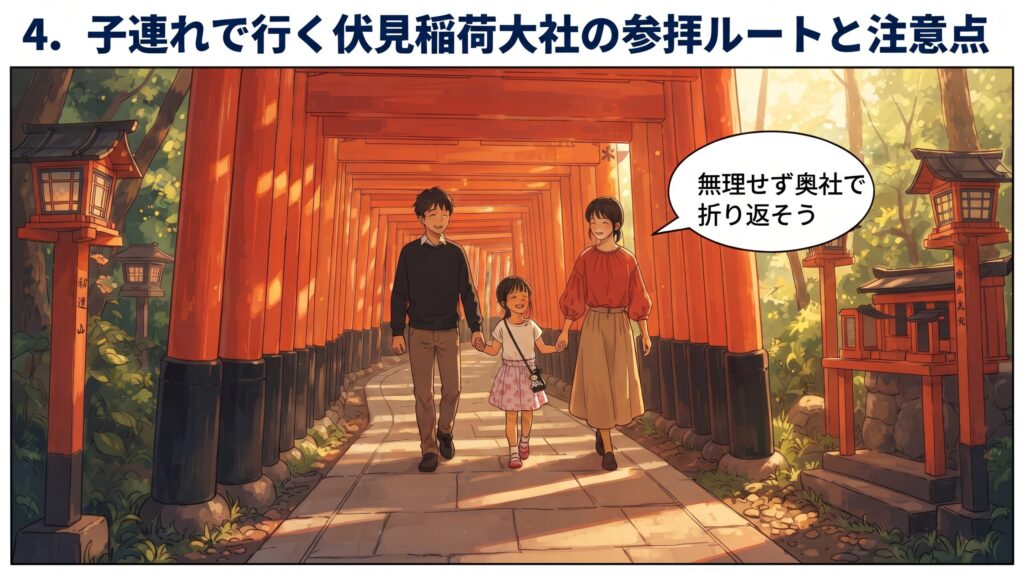 赤い鳥居が続く美しいトンネルを家族3人が手をつないで仲良く歩いている様子。
