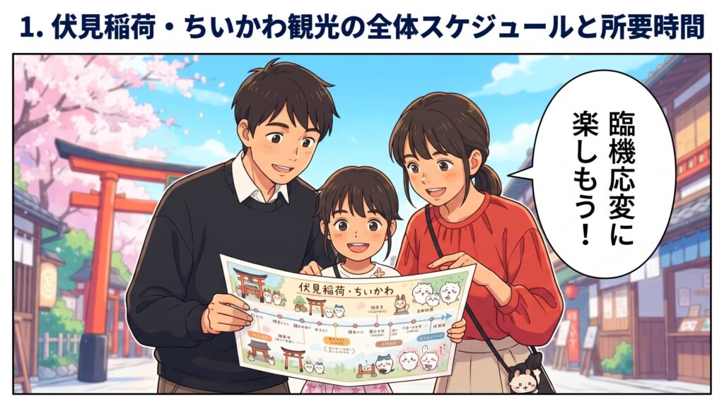 父親、母親、娘の3人が笑顔でスケジュール表を見つめている様子。母親の吹き出しには「臨機応変に楽しもう！」と書かれている。