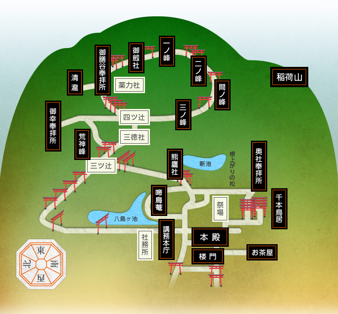 伏見稲荷大社の境内および稲荷山のお山めぐりマップ（出典：伏見稲荷大社公式サイト）