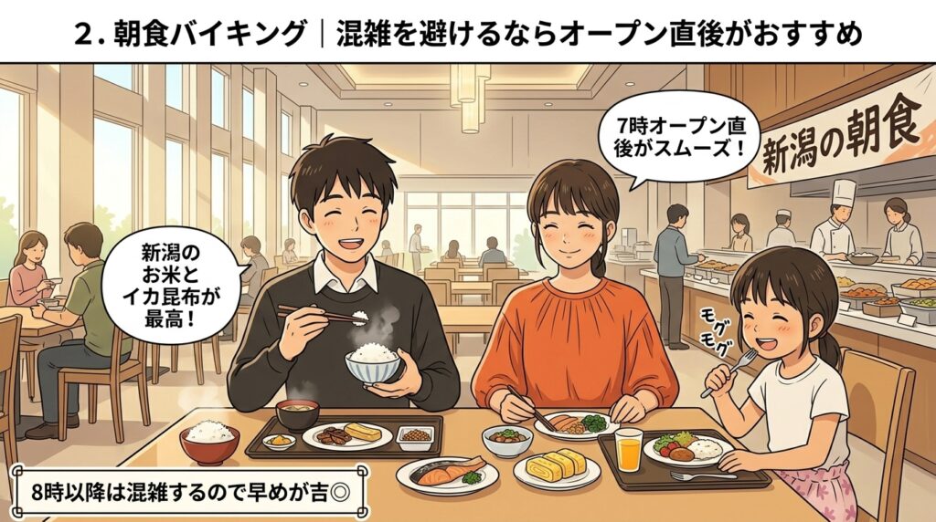 ホテルグリーンプラザ上越の朝食バイキングで新潟産米やイカ昆布を楽しむ家族のイラスト