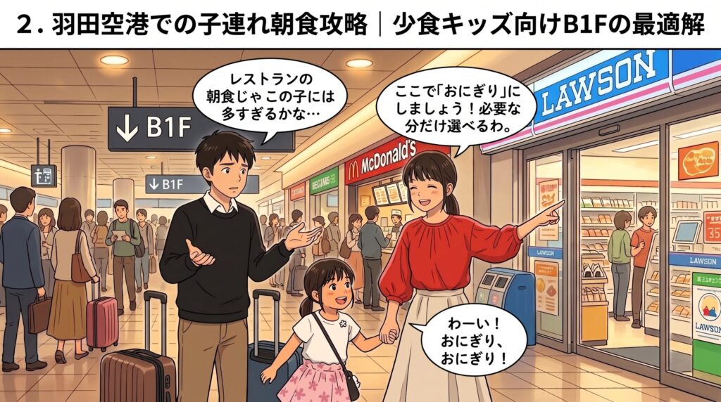 羽田空港地下1階のローソン前で少食な子どものために朝食のおにぎりを選ぶ家族のイラスト