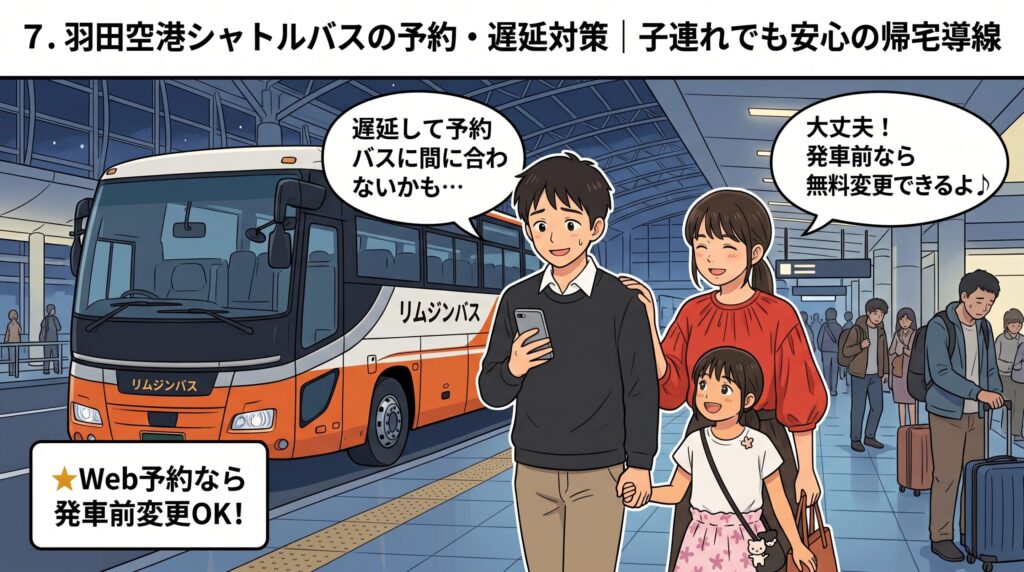 羽田空港でリムジンバスの予約を確認する家族