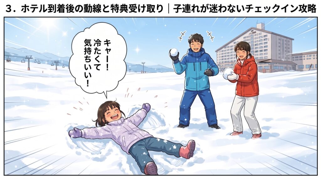 ホテル到着後にゲレンデの雪の上でスノーエンジェルを作ってはしゃぐ子供と見守る両親
