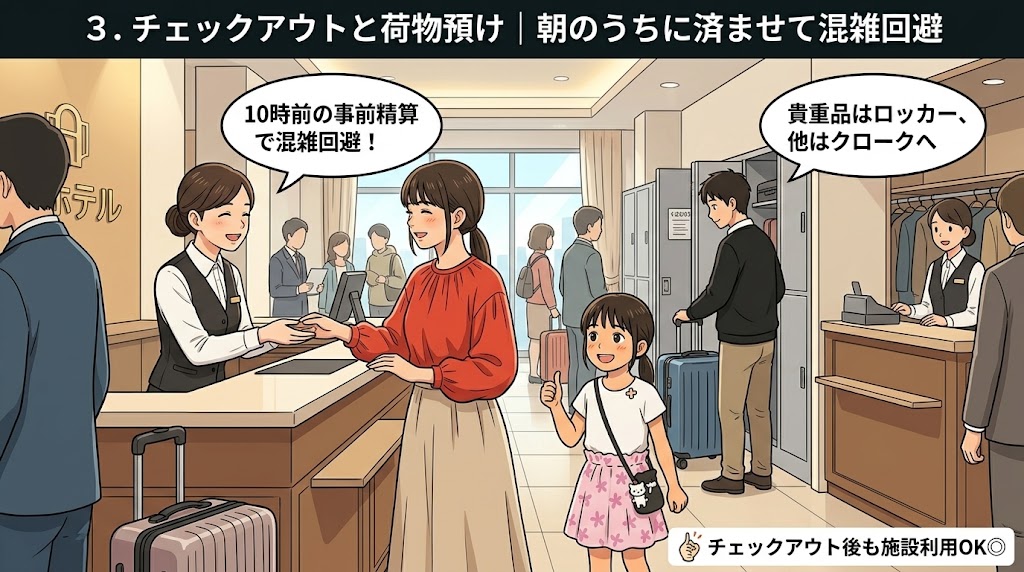 チェックアウト後にクロークへ荷物を預けフロントで事前精算をする家族のイラスト
