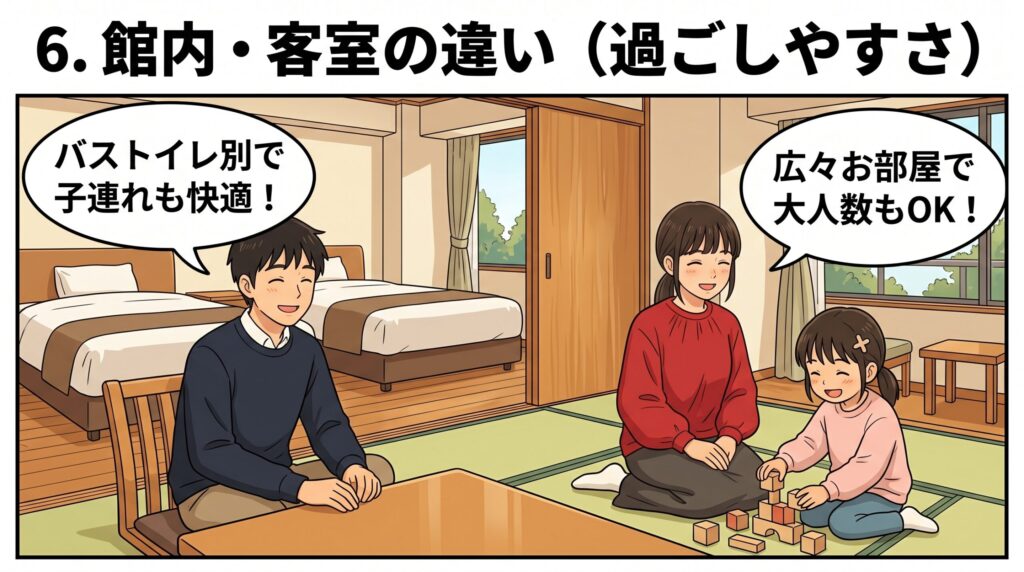 畳とベッドのある和洋室タイプのお部屋で寛ぐ父親と積み木で遊ぶ母親・娘のイラスト。