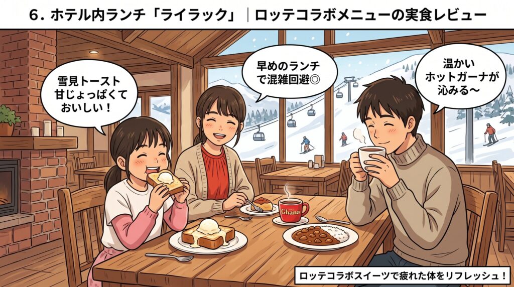 レストランライラックで雪見トーストやホットガーナなどのロッテコラボメニューを味わう家族のイラスト