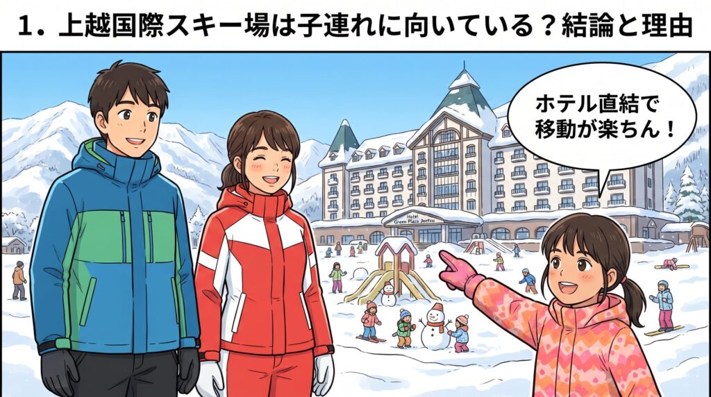 ホテルグリーンプラザ上越を背景に笑顔で見立てる家族と、ホテル直結で移動が楽であることを指差し説明する5歳娘