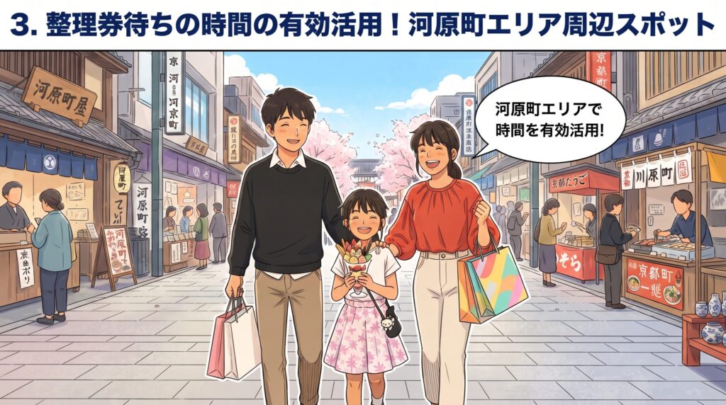 パフェや買い物袋を持って京都・河原町の街並みを家族3人で楽しく歩いている様子。
