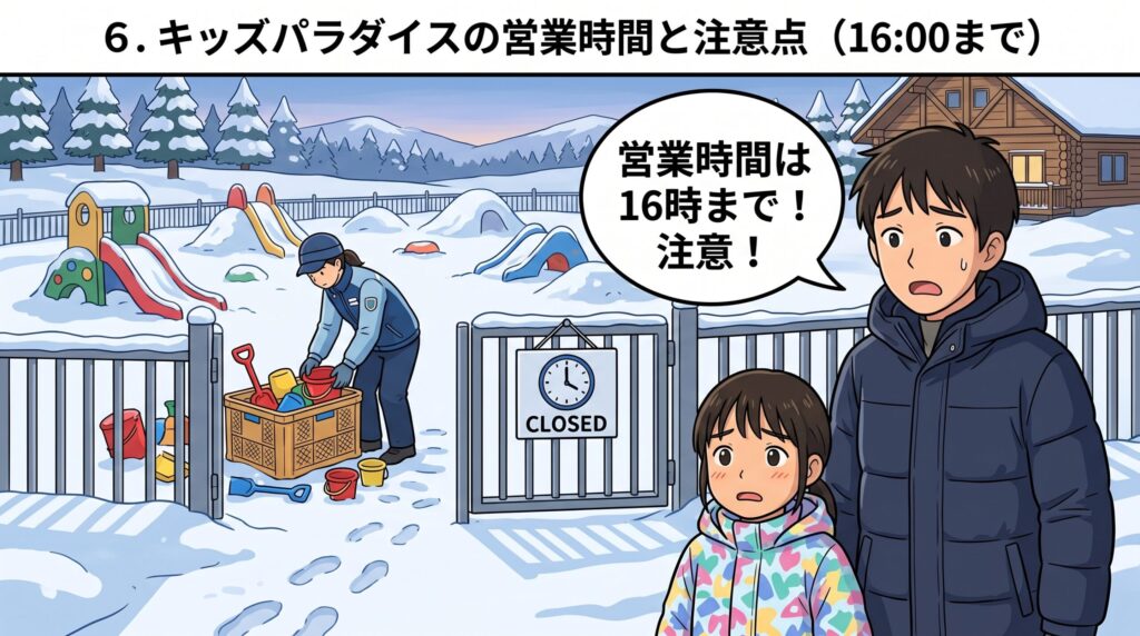 営業終了(16時)の看板を見てショックを受ける父娘と、キッズパラダイス片付け中のスタッフ