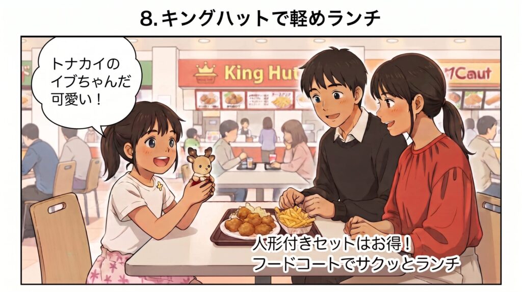 フードコート「キングハット」で、シルバニアの人形付きセットや唐揚げを囲んでランチを楽しむ家族のイラスト