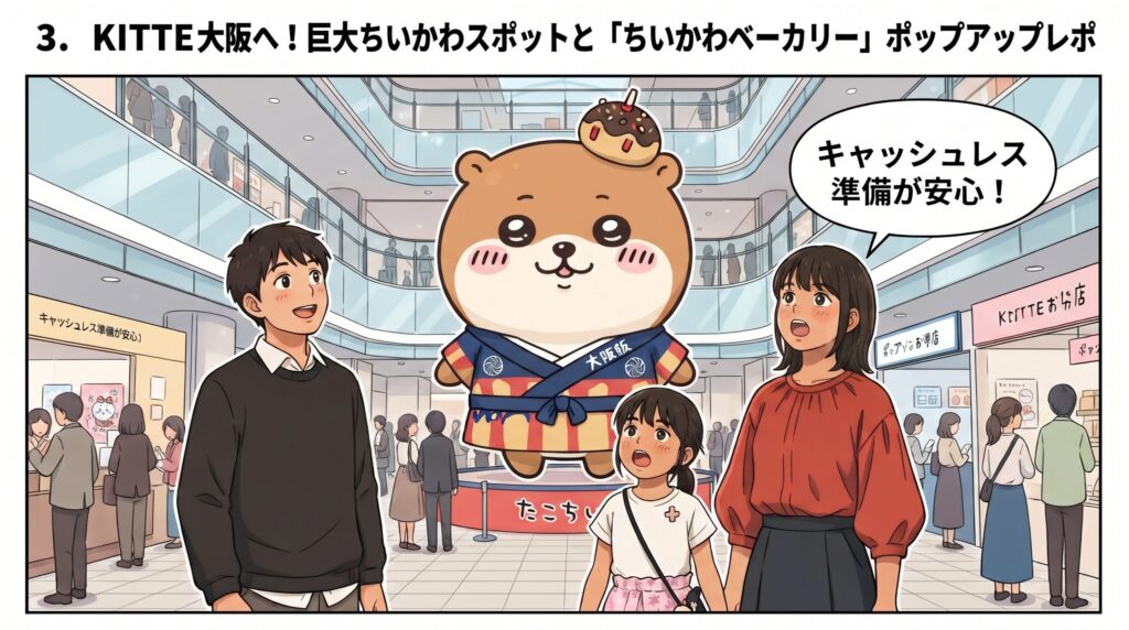 KITTE大阪の館内で、大迫力の巨大キャラクターディスプレイと「ちいかわベーカリー」のポップアップショップを家族で訪れている様子のイラスト