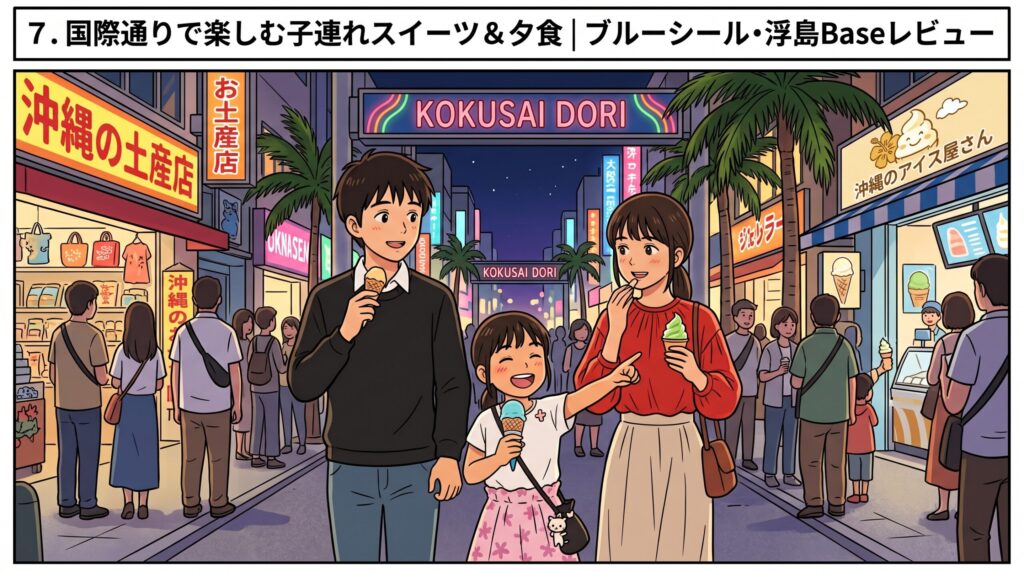 夜の国際通りでブルーシールの焼き芋・塩ちんすこう等のアイスを食べ歩く家族のイラスト
