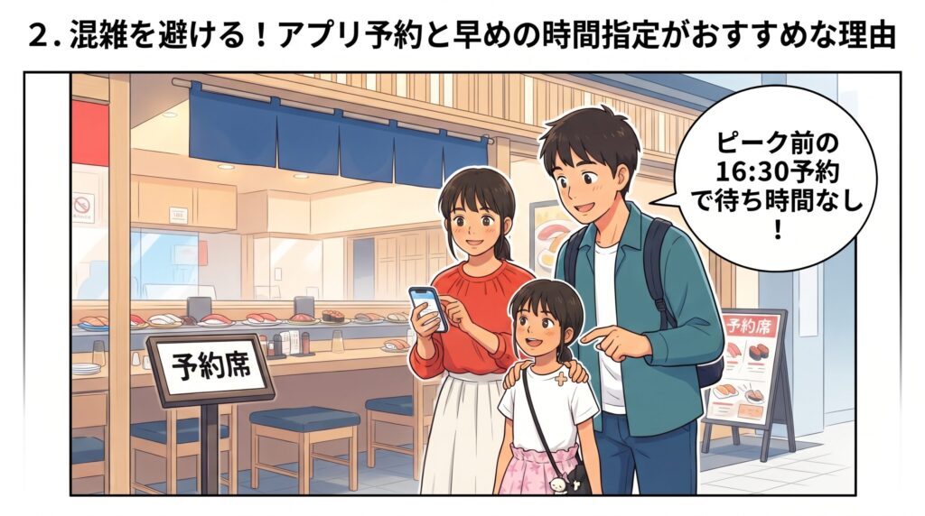 アプリ予約を活用して混雑を避けてスムーズに入店する家族のイラスト