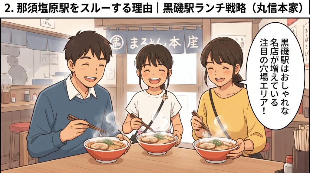 黒磯駅近くの老舗ラーメン店「丸信本家」で家族みんなでラーメンを食べている様子