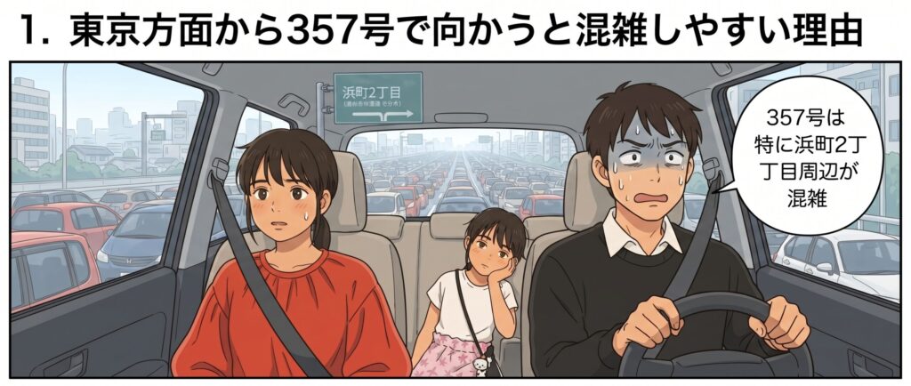 車内で激しく渋滞に巻き込まれ、青ざめた表情の父親と、不安げな様子の母親と娘。見出しは「1. 東京方面から357号で向かうと混雑しやすい理由」で、吹き出しには「357号は特に浜町2丁目周辺が混雑」とある。