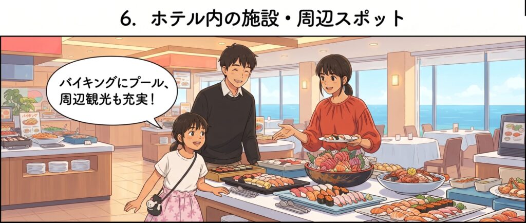 マホロバ・マインズ三浦のホテル内バイキングで、新鮮な寿司や料理を前に笑顔を見せる家族