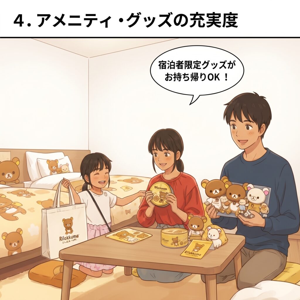 マホロバ・マインズ三浦のリラックマルームの宿泊者限定お持ち帰りグッズ（ぬいぐるみセットやトートバッグなど）を手にして喜ぶ家族
