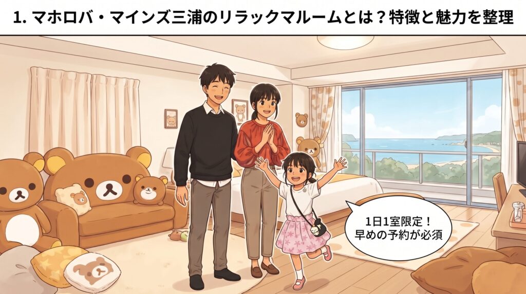 マホロバ・マインズ三浦のリラックマルームで喜ぶ家族と、「1日1室限定！早めの予約が必須」の吹き出し