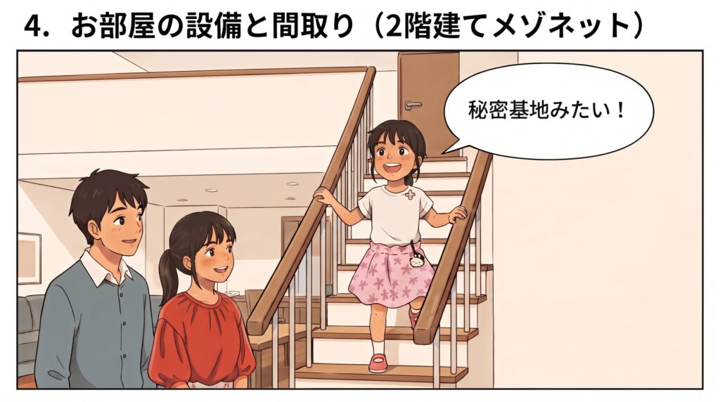2階建てメゾネットタイプの客室内にある階段から、秘密基地のようでワクワクしながら降りてくる娘と見守る両親のイラスト