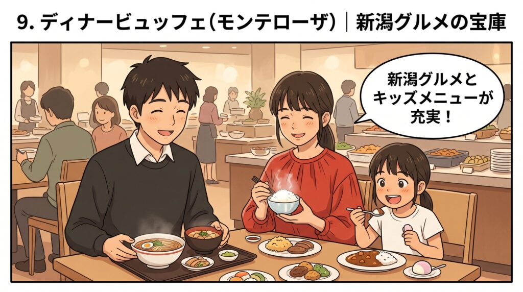 レストラン「モンテローザ」で新潟グルメやキッズメニューを囲んで笑顔で夕食をとる家族