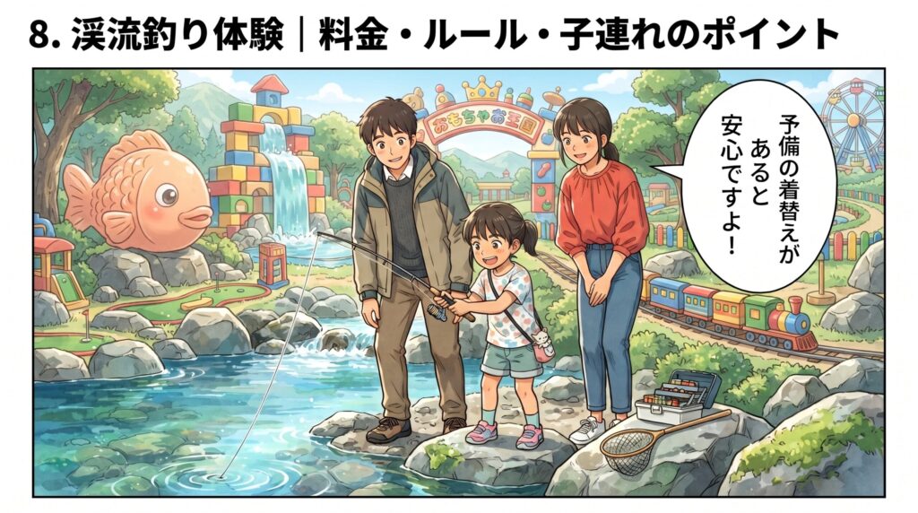 自然豊かな渓流釣りエリアで初めての釣りに挑戦する家族のイラスト