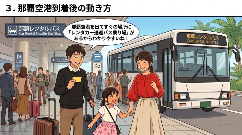 那覇空港到着後、すぐ近くにあるレンタカー送迎バス乗り場に向かう家族のイラスト