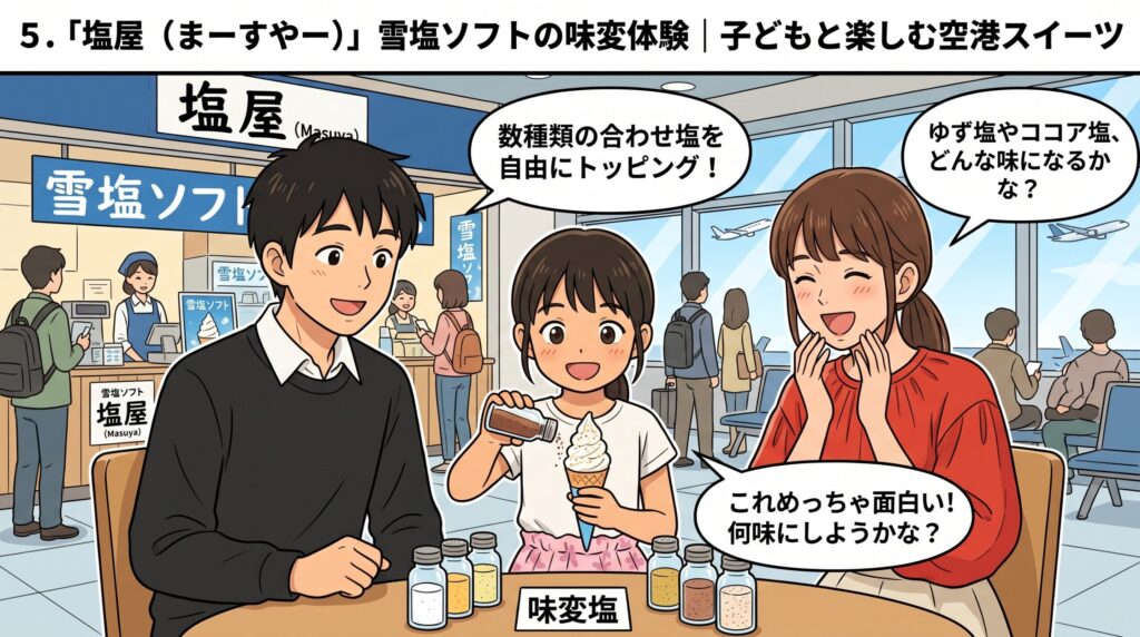 塩屋で雪塩ソフトの味変を楽しむ親子