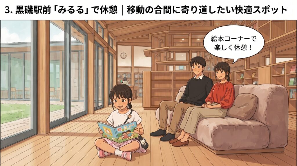 黒磯駅前図書館「みるる」の絵本コーナーで快適に休憩する家族の様子