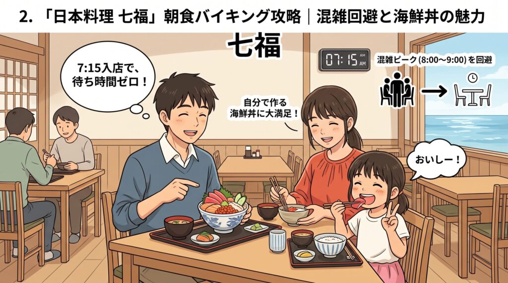 日本料理七福で海鮮丼朝食を楽しむ家族