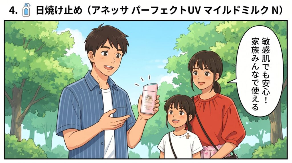 家族みんなで使える日焼け止め(アネッサ)を手に持って紹介している家族のイラスト