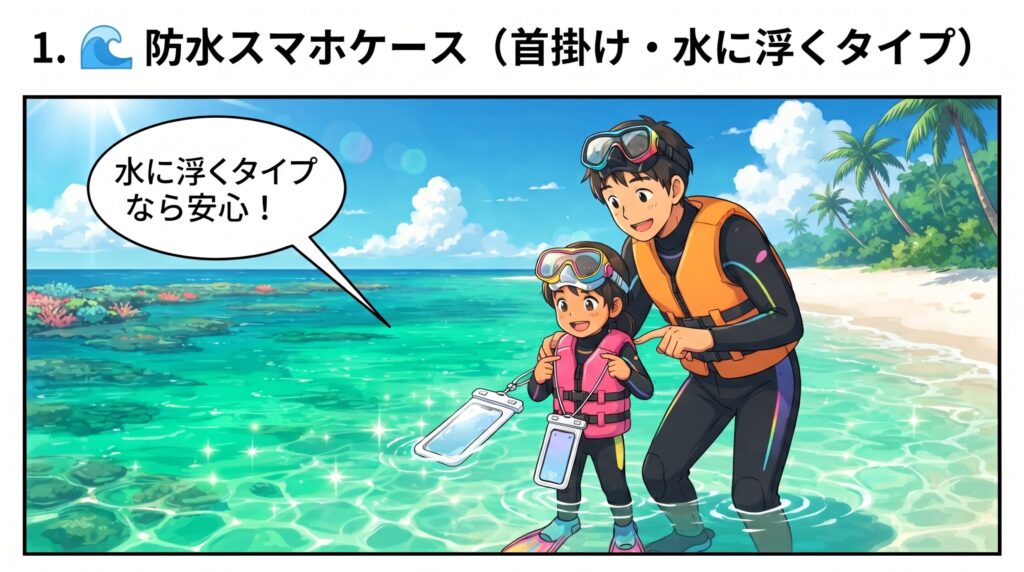 海遊びで水に浮くタイプの防水スマホケースを子供と一緒に確認しているパパのイラスト